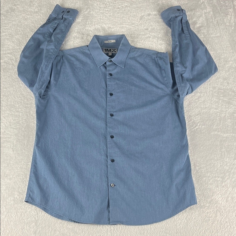 Express 1MX Button Down Shirt Mens L‎ Blue Excellent Fitted Long Sleeve Stretch